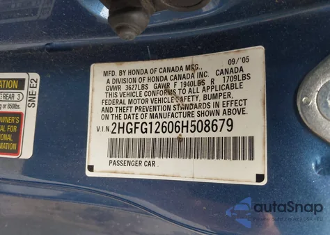 2006 Honda Civic Lx z USA, uszkodzony, nr VIN 2HGFG12606H508679